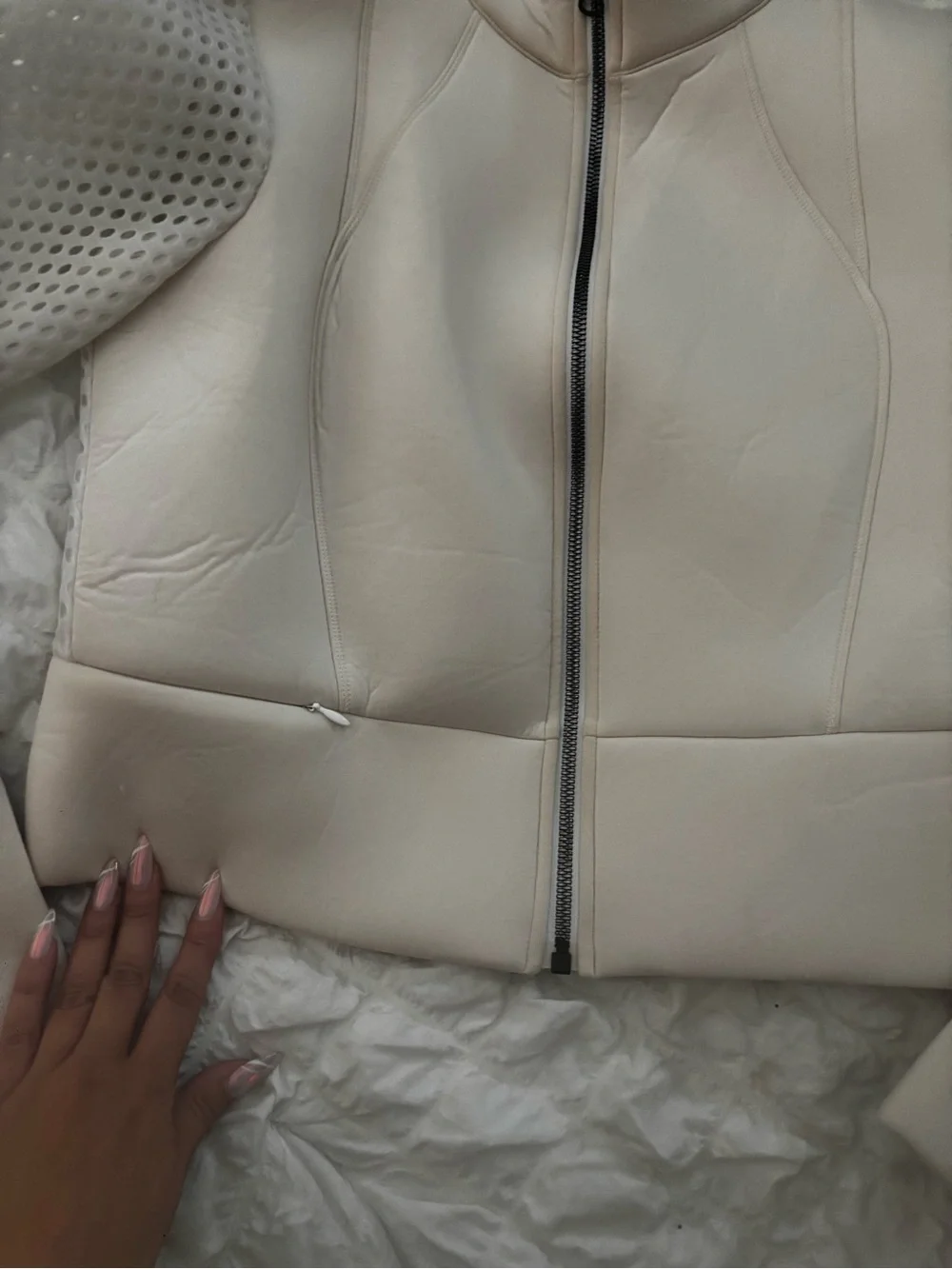 ALO Yoga Cream Mesh/ Neoprene Sleeve Zip Bomber Jacket